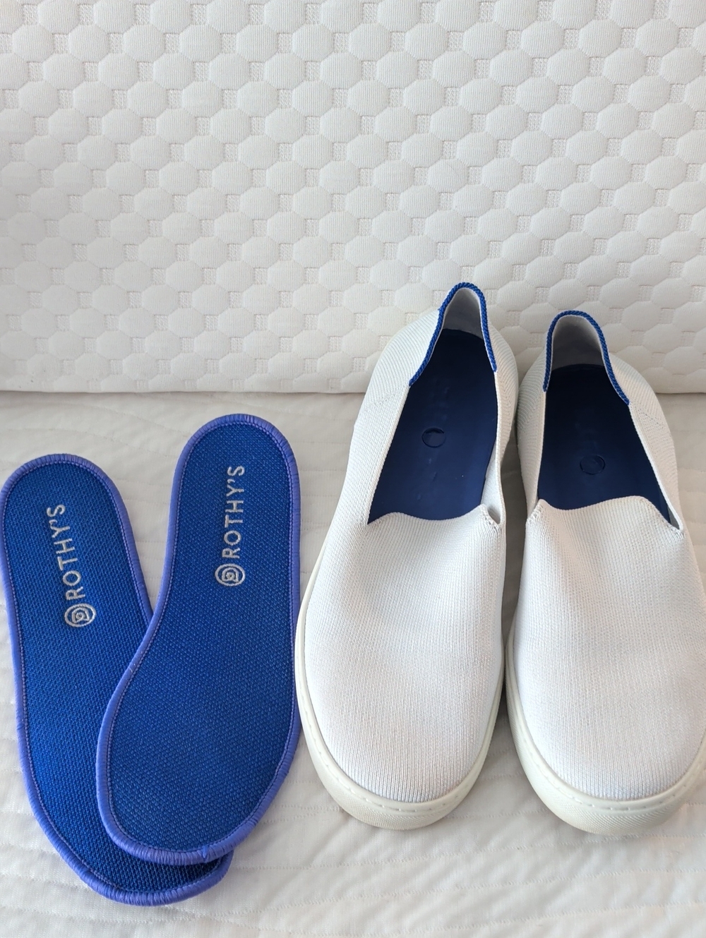 Rothy's White Slip-On Sneakers with Blue Accents